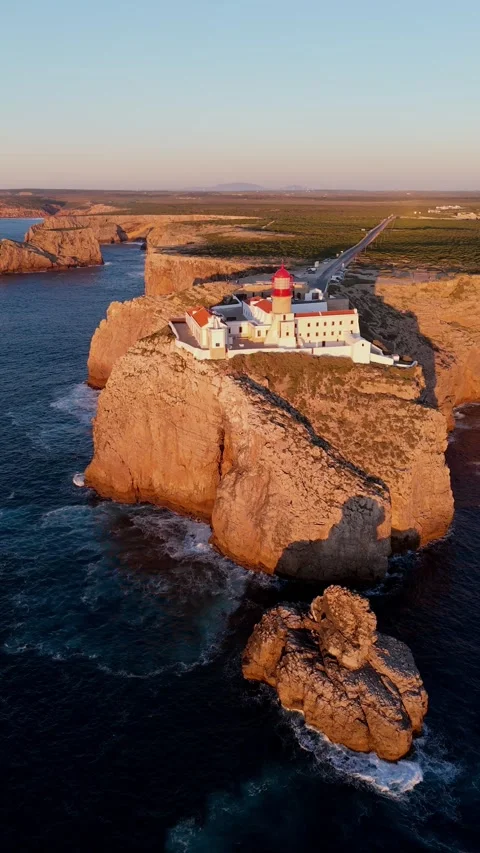 Aerial view of Farol do Cabo de Sao Vicente, Portugal. Stock Footage 313127137