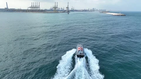 Aerial view of a fast boat speeding through the water Stock Footage 294067128