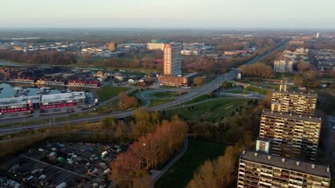 Aerial view fast pan over Reitdiep harbor with high rise building Groningen Video stock 154140930