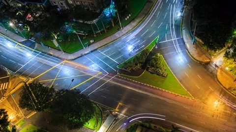 Aerial View Fast Speed Crossroad Traffic On Night Time 4K Time Lapse (looping) Stock Footage 85452020