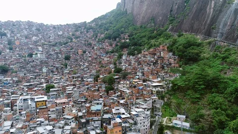 Aerial view of Favela da Rocinha, Biggest Slum in Brazil on the Mountain in R Stock Footage 119080328