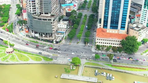 Aerial view features Ton Duc Thang street along riverside Saigon, Vietnam Stock Footage 204849994