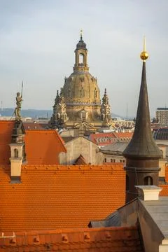 Aerial view of fed roofs and dome in historic centre of Dresden, Germany Stock Photos