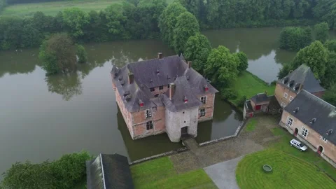 Aerial View Of Fernelmont Moated Castle Architecture In Fernelmont Belgium Stock Footage 343587928