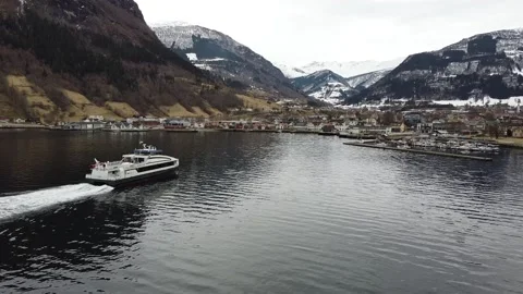 Aerial view of Ferry arriving at dock at Vikøyri, in Vik i Sogn, Norway. Stock Footage 237884601