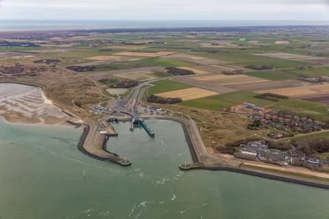 Aerial view ferry terminal Het Horntje at Dutch island Texel Stock Photos