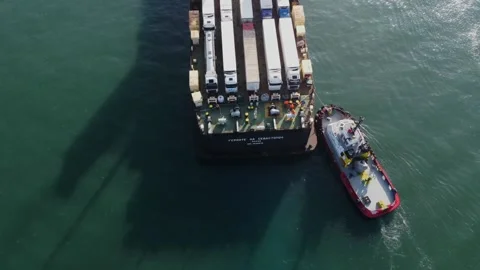 Aerial view of a ferry with trucks Stock Footage 232370775