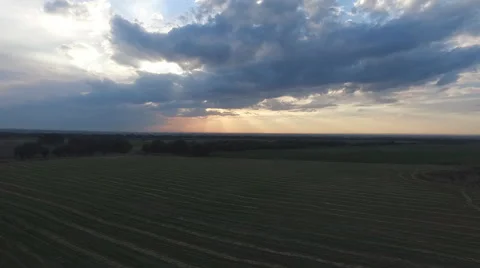 Aerial view of the field with a wheat stack. Colorful sunset. Stock Footage 68513895