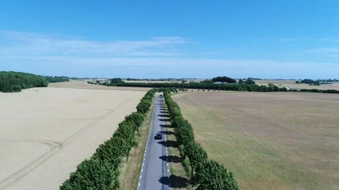 Aerial view of fields and a car driving on road Österlen, Sweden Stock Footage 164098059