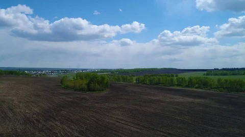 Aerial view of fields and forest clouds river Siberian landscape Stock Footage 75811328