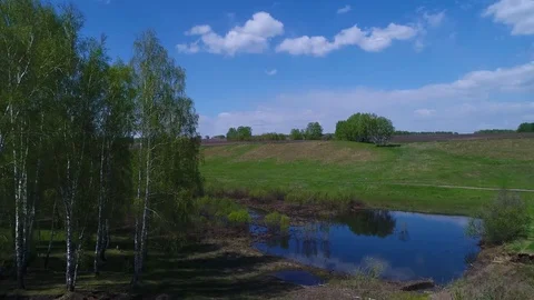 Aerial view of fields and forest clouds river Siberian landscape Stockbeeldmateriaal 75811505