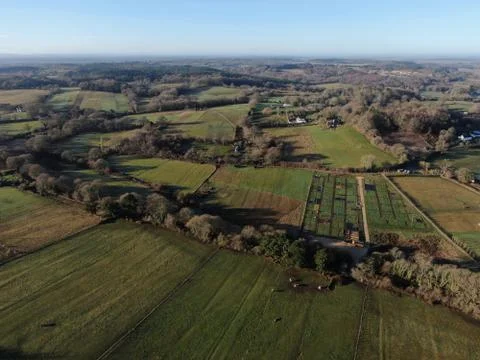 Aerial view of fields and hedgerows and allotments on a sunny day Stock Photos