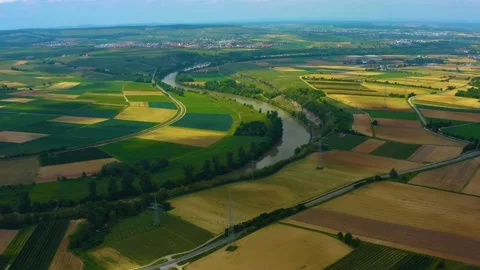 Aerial view of fields and the river Neckar in Germany, Stock Footage 139925645