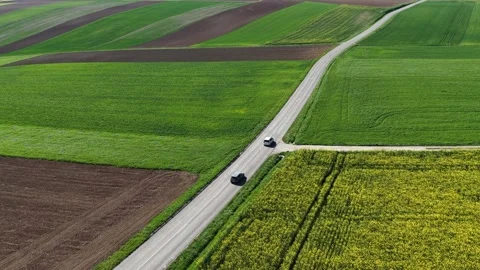 Aerial view of fields and road, France. 库存影片 332704649