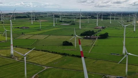 Aerial view of fields and a wind turbine farm Stockbeeldmateriaal 340904041