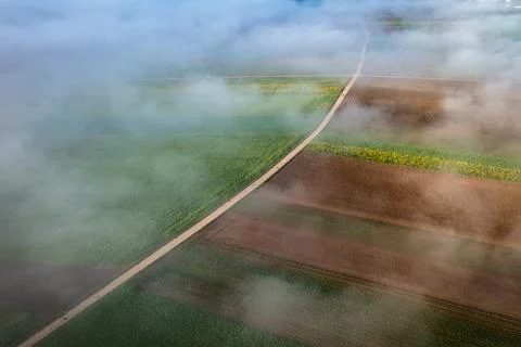 Aerial view of fields in the mist Stock Photos