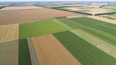 Aerial view of fields with various types of agriculture. Stock-Fotos