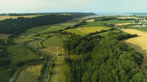Aerial View of Fields; Wheat, Barley, Coast of Brittany Stock Footage 95223215