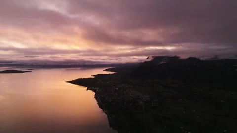 Aerial view Fiery Sunset Reflected on Lake Surface Stock Footage 312750016