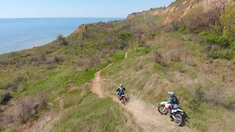Aerial view of the final stage of the Enduro extreme race on the seashore in 4K. Stock Footage 90052640
