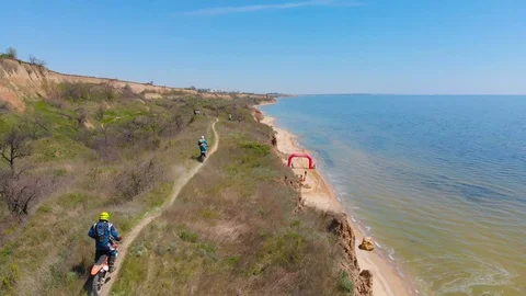 Aerial view of the final stage of the Enduro extreme race on the seashore in 4K. Stock Footage 90054435