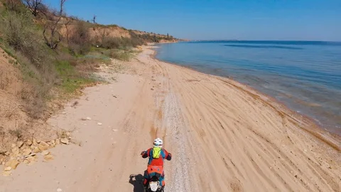 Aerial view of the final stage of the Enduro extreme race on the seashore in 4K. Stock Footage 90060989
