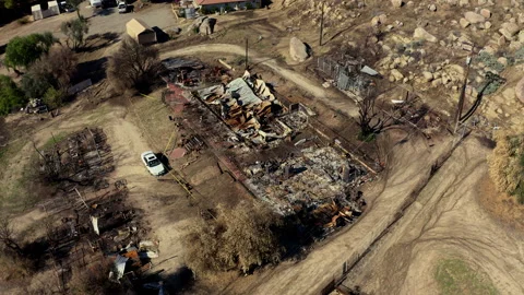 Aerial view of fire damaged location in San Bernardino, California Stock Footage 341248781