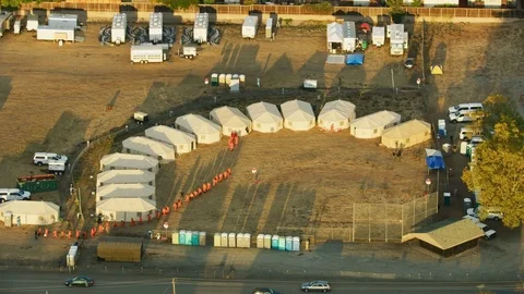 Aerial view fire rescue workers camp California USA Stock Footage 83914930