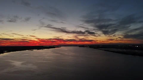 Aerial View of a Fire Sky Sunset over Delaware River Stock Footage 261492951