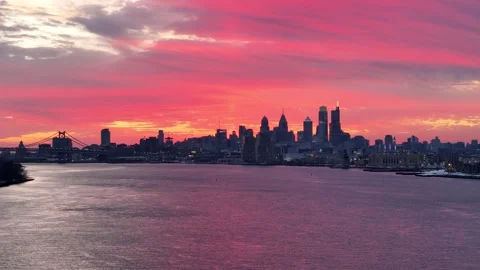 Aerial View of a Fire Sky Sunset over City of Philadelphia Stock Footage 279530601