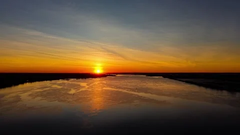 Aerial View of a Fire Sky Sunset over Delaware River Stock Footage 294878983