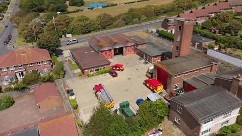 Aerial View Fire Station With Engines in Brighton, UK Stock Footage 342830269