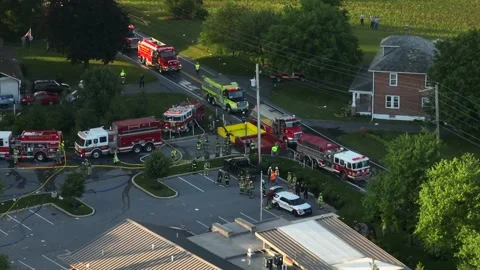 Aerial view of Fire trucks and firefighters at the propane gas leak Video stock 245815829