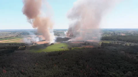 Aerial View of Fire in Wheat Field. Flying over Smoke above Agricultural Fields Stock Footage 135358259