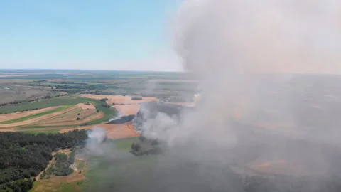 Aerial View of Fire in Wheat Field. Flying over Smoke above Agricultural Fields Video stock 135359484