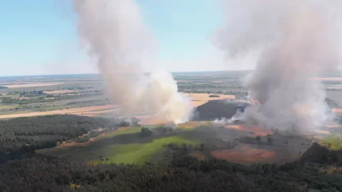 Aerial View of Fire in Wheat Field. Flying over Smoke above Agricultural Fields Stock Footage 135361305