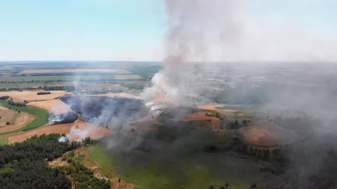 Aerial View of Fire in Wheat Field. Flying over Smoke above Agricultural Fields Stock Footage 135392965