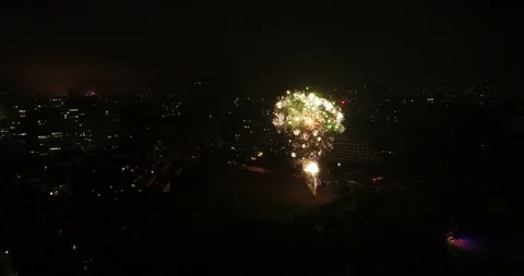 Aerial View of Fireworks Around Beach in Night Stock Footage 103499172