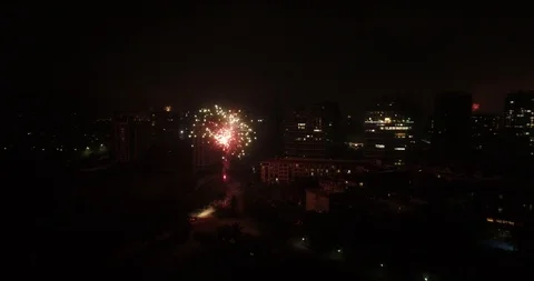 Aerial View of Fireworks Around Beach in Night Stockbeeldmateriaal 103499173