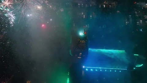 Aerial View Of Fireworks Display Over Church At Night Stock Footage 328153834