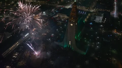 Aerial View Of Fireworks Display Over Hallgrimskirkja Church In Reykjavik Stock Footage 328156505