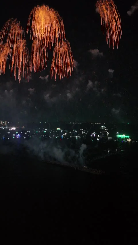 Aerial View of Fireworks Exploding Over Pattaya, Thailand Stock Footage 335843256