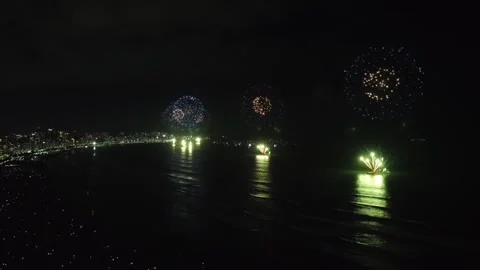 Aerial view of the fireworks exploding off the shore of Santos city at night in Stock Footage 273295713
