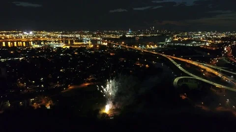 Aerial View Fireworks Gloucester New Jersey Philadelphia Background Stock Footage 77289097