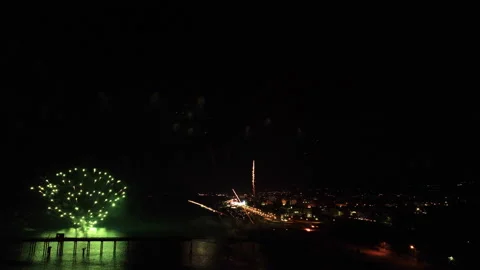 Aerial view of fireworks over the ocean Video stock 327067244