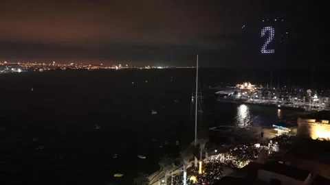 Aerial view of fireworks over the sea, Portugal. Video stock 325504899
