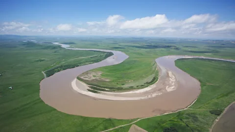 Aerial View of the First Bend of Yellow River in Ruoergai Grassland Video stock 347126243
