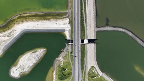 Aerial View of the Fish Migration River at the Afsluitdijk Stock Footage 335999451