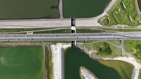 Aerial View of the Fish Migration River at the Afsluitdijk Stock Footage 335999493