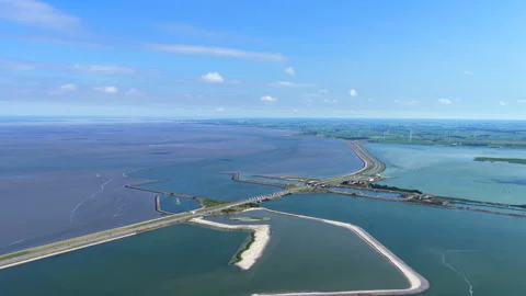 Aerial view of the Fish Migration River at the Afsluitdijk in the Netherlands Stock Footage 337514795
